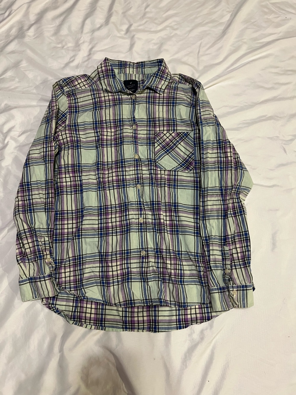 American Eagle Outfitters Light Green Plaid Shirt with Purple & Navy Accents
